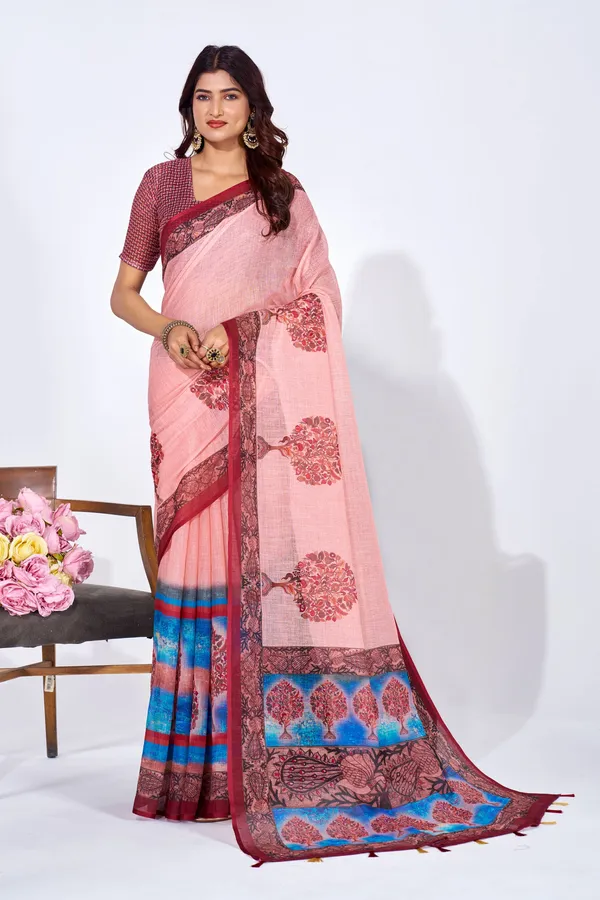 Pink_Linen_Butterfly_Print_Saree_With_Blouse_For_Women