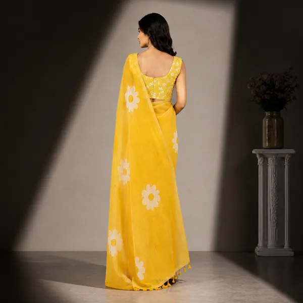 Yellow_Linen_Floral_Embroidered_Saree_With_Blouse_For_Women