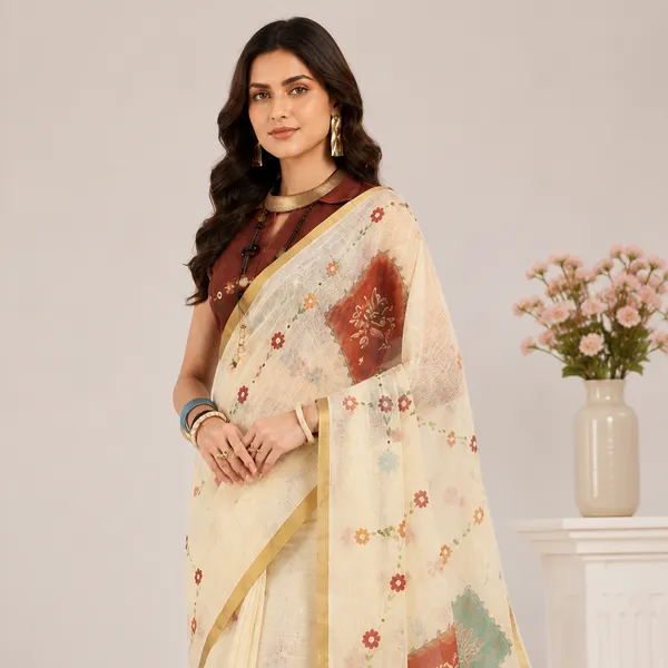 White_Linen_Floral_Printed_Saree_With_Blouse_For_Women
