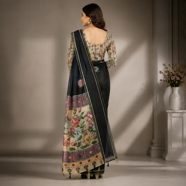 Black_Linen_Floral_Print_Saree_With_Striped_Border_For_Women