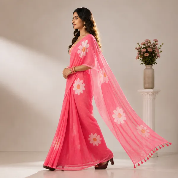Pink_Cotton_Bandhani_Print_Linen_Saree_For_Women