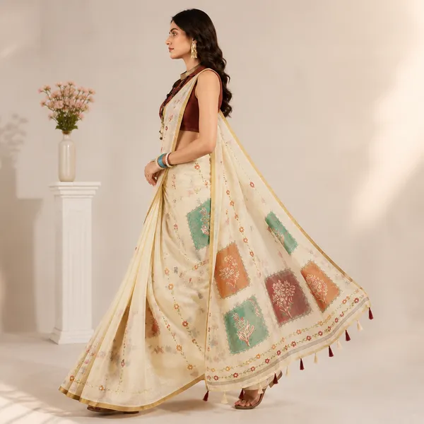 White_Linen_Floral_Printed_Saree_With_Blouse_For_Women