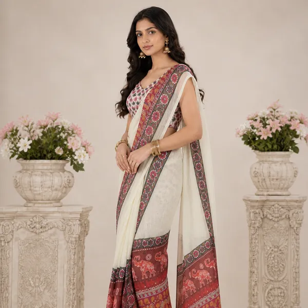 White_And_Red_Linen_Printed_Saree_With_Embroidered_Blouse_For_Women