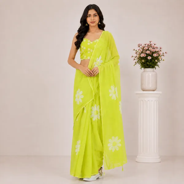 Green_Linen_Floral_Print_Saree_With_Embroidered_Blouse_For_Women