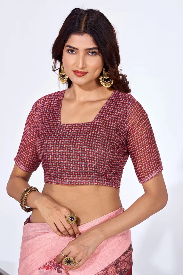 Pink_Linen_Butterfly_Print_Saree_With_Blouse_For_Women
