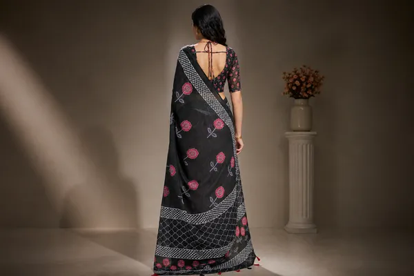 Black_Linen_Polka_Dot_Saree_With_Orange_Blouse_For_Women