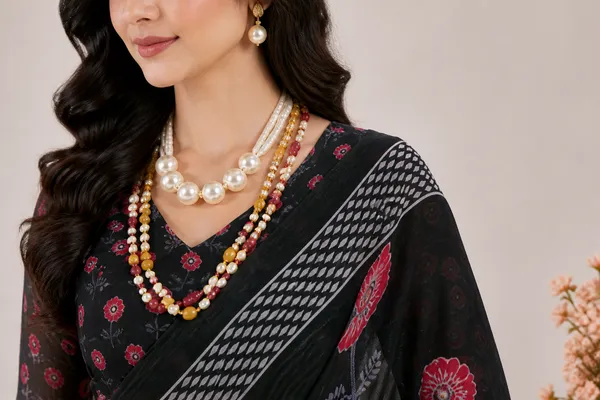 Black_Linen_Polka_Dot_Saree_With_Orange_Blouse_For_Women