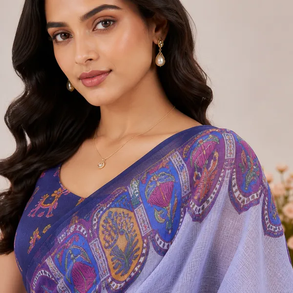 Purple_Floral_Print_Linen_Saree_With_Blouse_For_Women