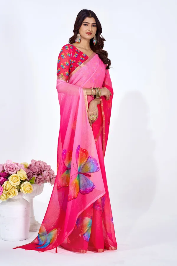 Pink_And_Red_Linen_Paisley_Print_Saree_With_Embroidered_Blouse_For_Women
