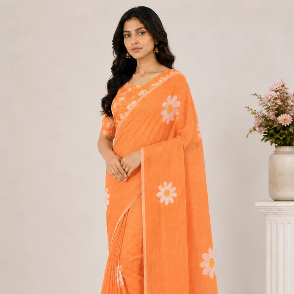 Orange_Linen_Floral_Printed_Saree_For_Women