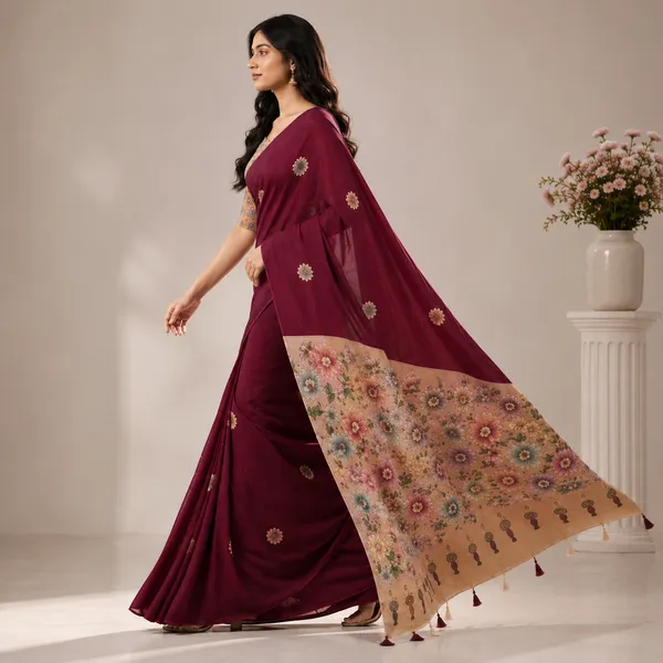 Maroon_Chiffon_Floral_Print_Saree_With_Blouse_For_Women