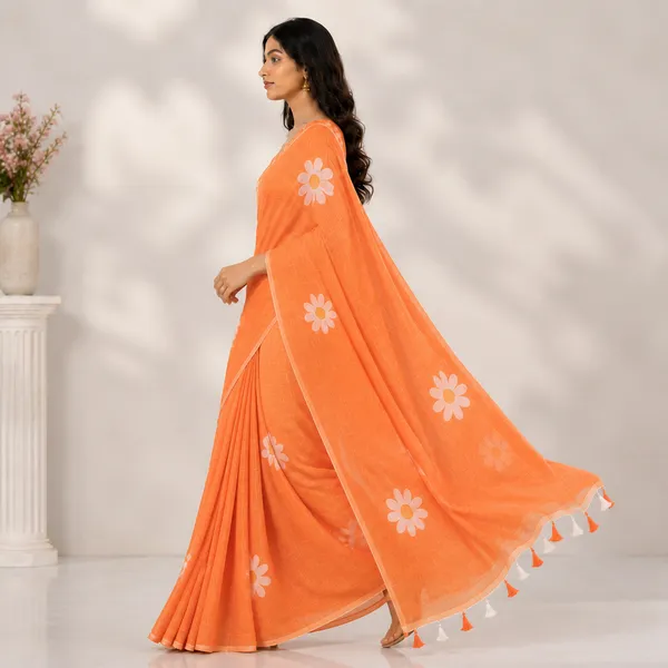 Orange_Linen_Floral_Printed_Saree_For_Women