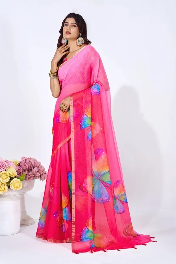 Pink_And_Red_Linen_Paisley_Print_Saree_With_Embroidered_Blouse_For_Women