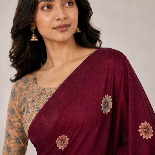 Maroon_Chiffon_Floral_Print_Saree_With_Blouse_For_Women
