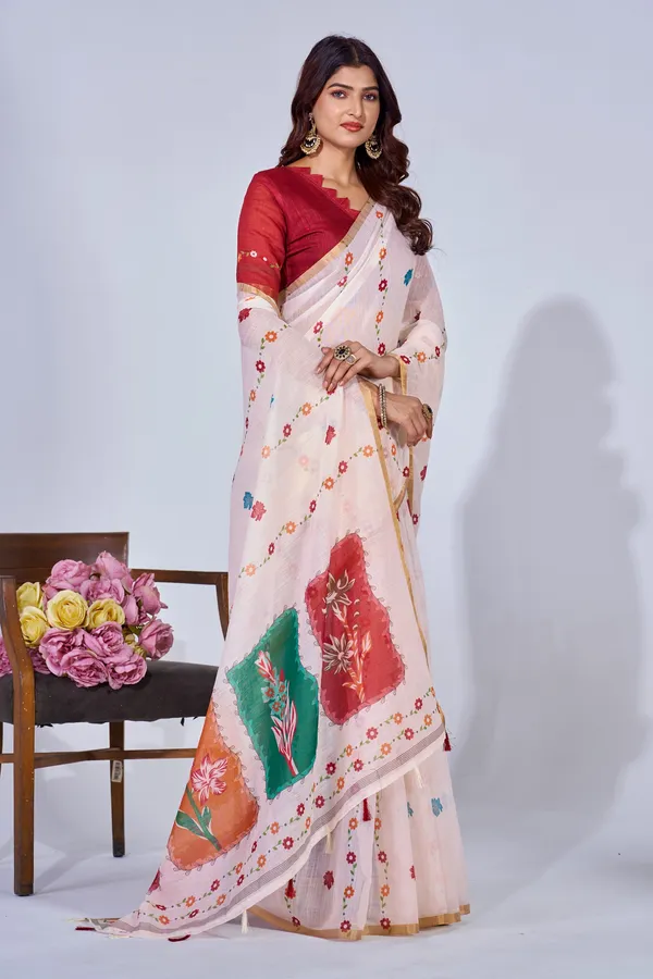 Multicolor_Linen_Digital_Print_Saree_With_Blouse_For_Women