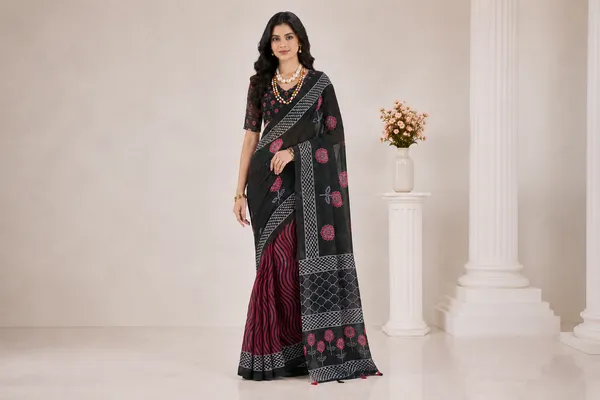 Black_Linen_Polka_Dot_Saree_With_Orange_Blouse_For_Women