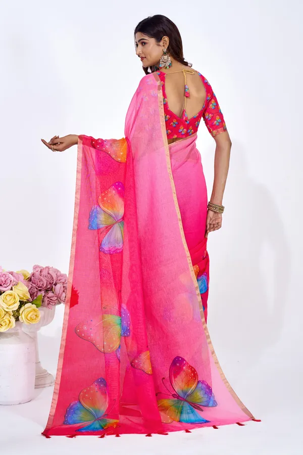 Pink_And_Red_Linen_Paisley_Print_Saree_With_Embroidered_Blouse_For_Women