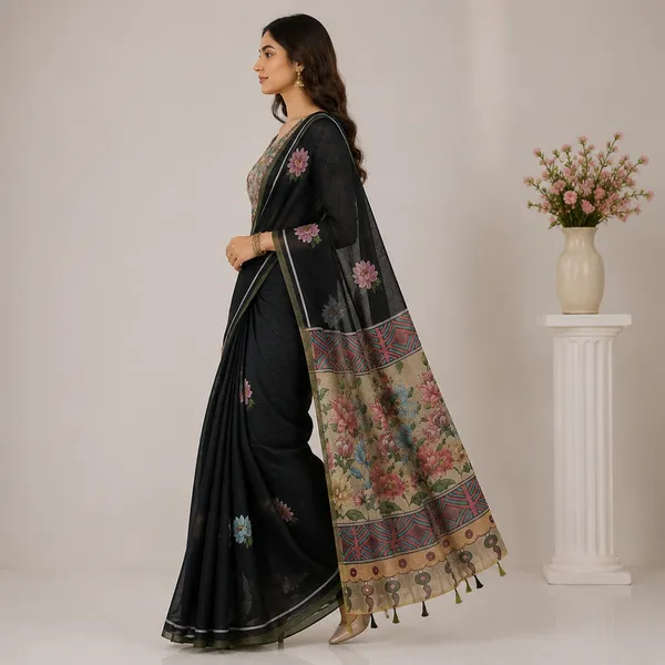 Black_Linen_Floral_Print_Saree_With_Striped_Border_For_Women