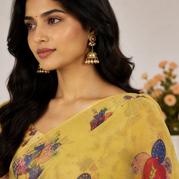 Yellow_Linen_Floral_Print_Saree_With_Matching_Blouse_For_Women
