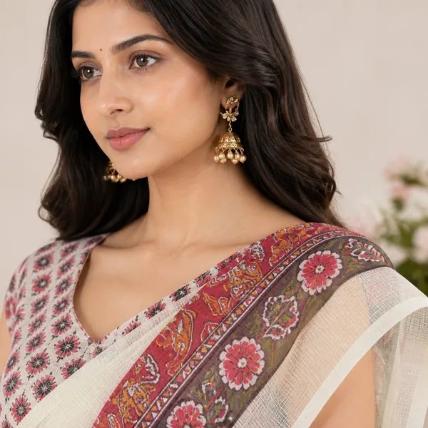 White_And_Red_Linen_Printed_Saree_With_Embroidered_Blouse_For_Women