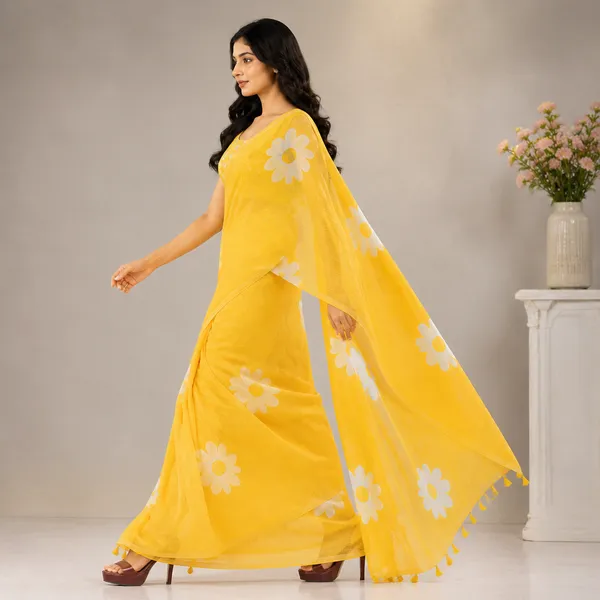 Yellow_Linen_Floral_Embroidered_Saree_With_Blouse_For_Women