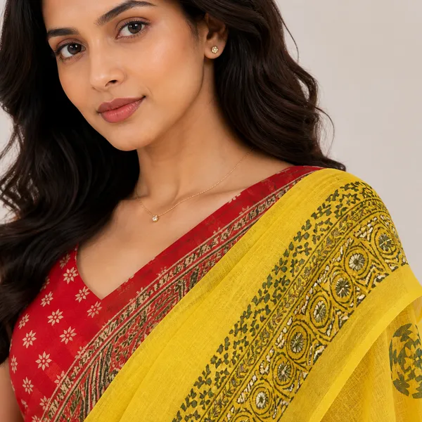 Yellow_And_Red_Linen_Floral_Print_Saree_With_Embroidered_Blouse_For_Women