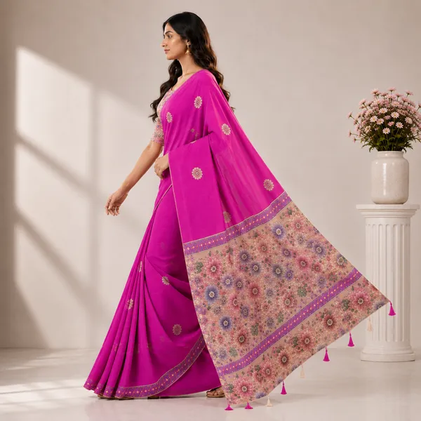 Pink_Linen_Floral_Print_Saree_For_Women