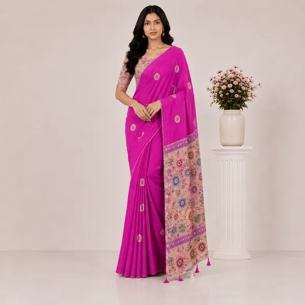 Pink_Linen_Floral_Print_Saree_For_Women