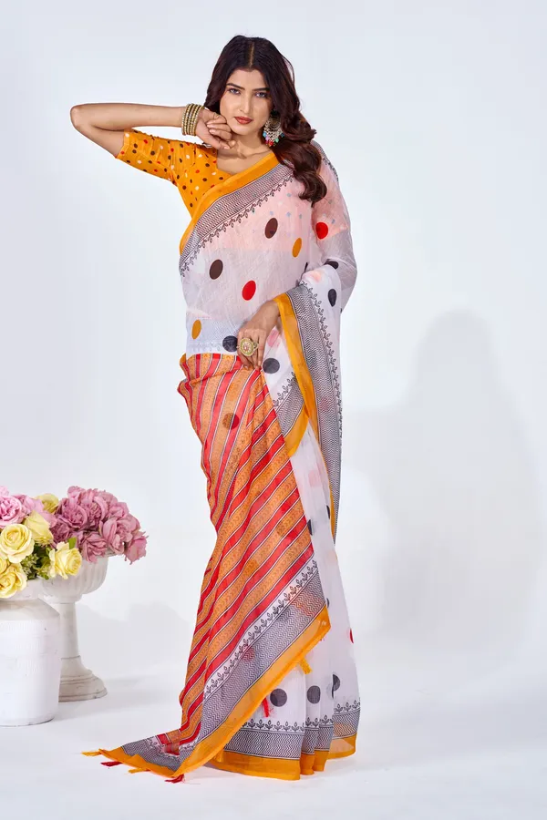 Multicolor_Linen_Printed_Saree_With_Embroidered_Blouse_For_Women