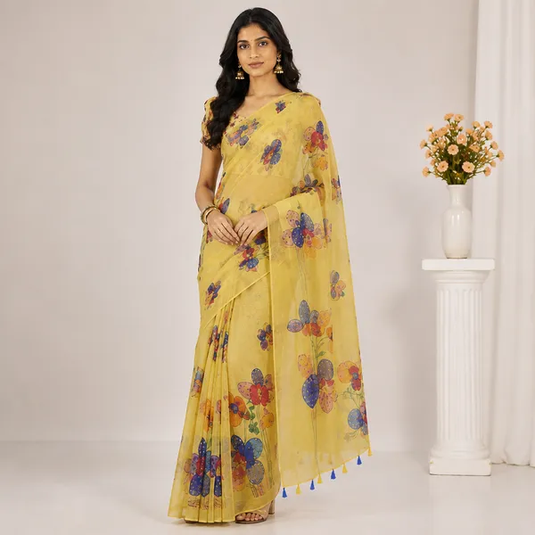 Yellow_Linen_Floral_Print_Saree_With_Matching_Blouse_For_Women