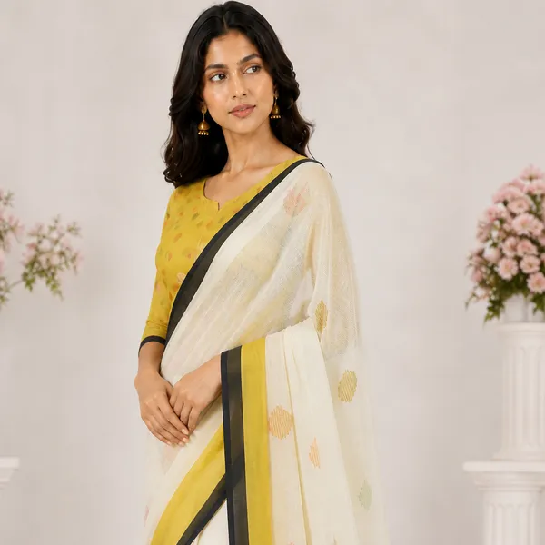 White_And_Yellow_Linen_Printed_Paisley_Border_Saree_With_Blouse_For_Women