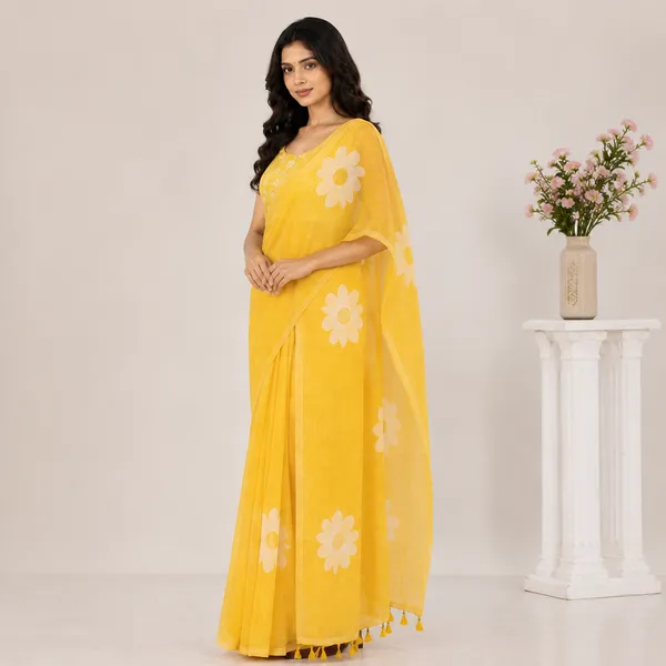 Yellow_Linen_Floral_Embroidered_Saree_With_Blouse_For_Women