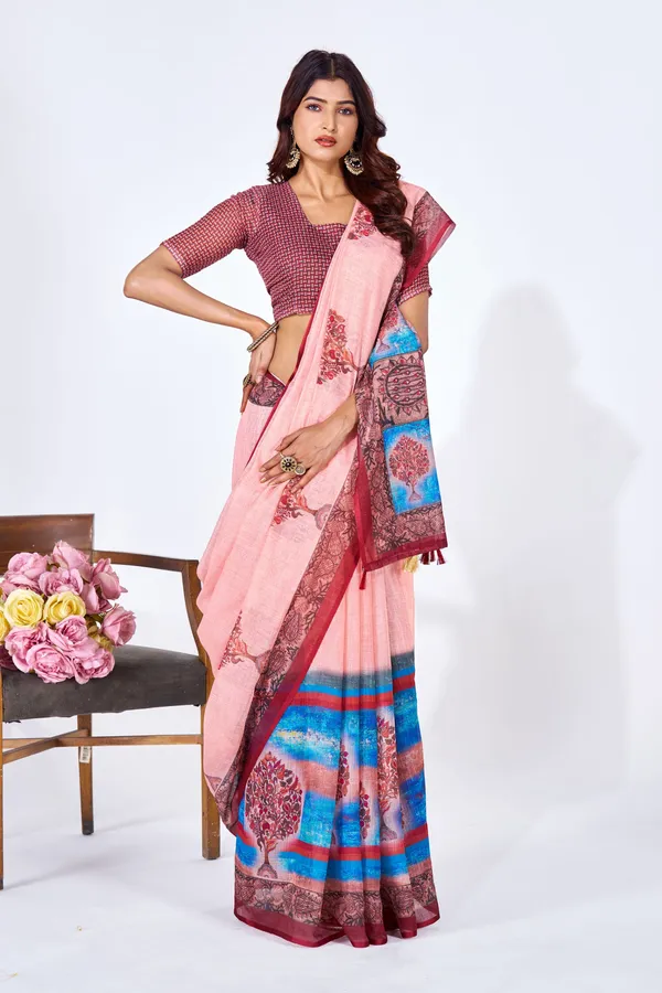 Pink_Linen_Butterfly_Print_Saree_With_Blouse_For_Women