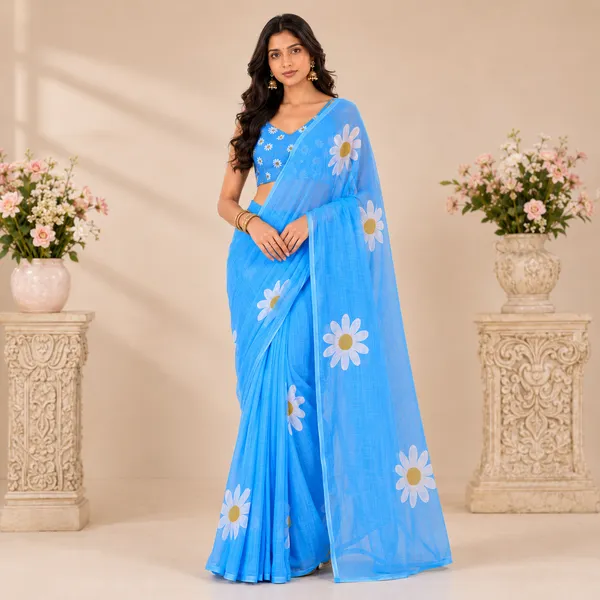 Blue_Linen_Floral_Linen_Saree_With_Printed_Blouse_For_Women