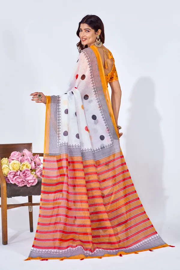Multicolor_Linen_Printed_Saree_With_Embroidered_Blouse_For_Women