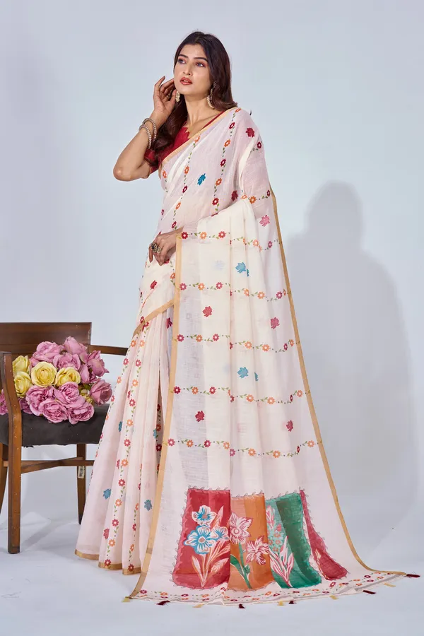 Multicolor_Linen_Digital_Print_Saree_With_Blouse_For_Women