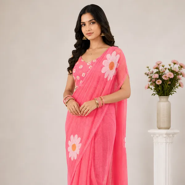 Pink_Cotton_Bandhani_Print_Linen_Saree_For_Women
