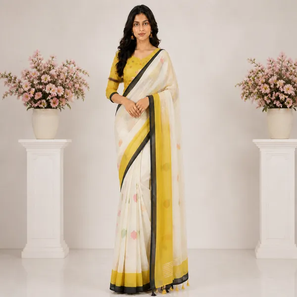White_And_Yellow_Linen_Printed_Paisley_Border_Saree_With_Blouse_For_Women