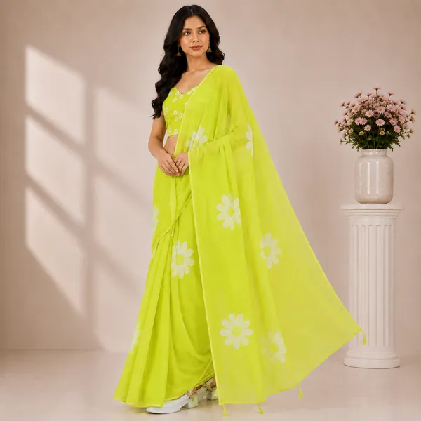 Green_Linen_Floral_Print_Saree_With_Embroidered_Blouse_For_Women