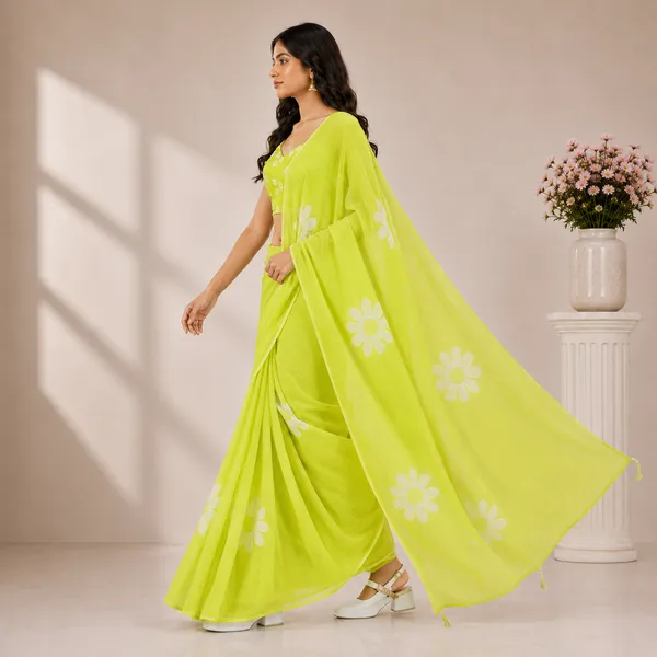 Green_Linen_Floral_Print_Saree_With_Embroidered_Blouse_For_Women