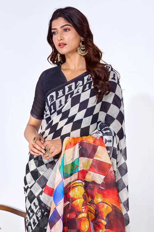 Black_And_White_Linen_Checkered_Digital_Print_Saree_For_Women