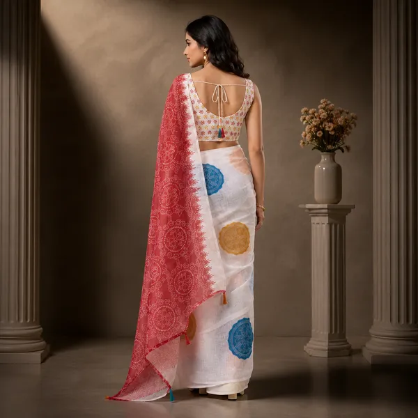 Off_White_And_Red_Linen_Floral_Embroidered_Saree_With_Blouse_For_Women