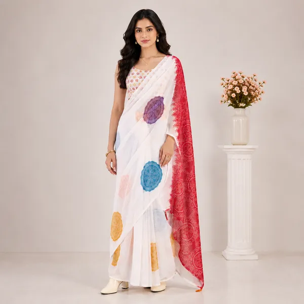 Off_White_And_Red_Linen_Floral_Embroidered_Saree_With_Blouse_For_Women