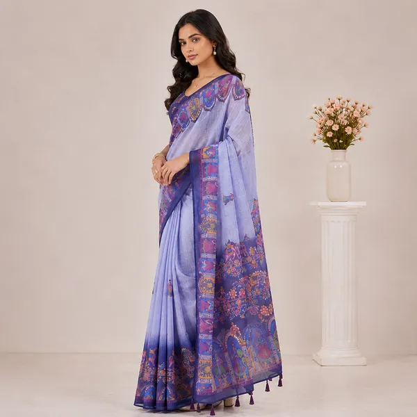 Purple_Floral_Print_Linen_Saree_With_Blouse_For_Women