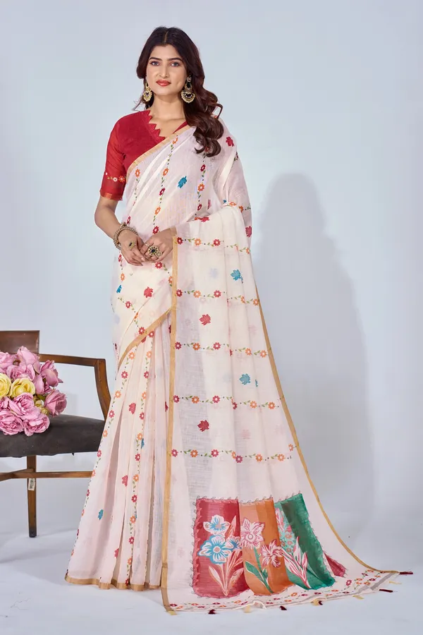 Multicolor_Linen_Digital_Print_Saree_With_Blouse_For_Women