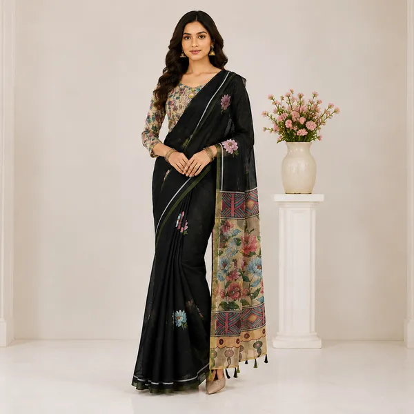 Black_Linen_Floral_Print_Saree_With_Striped_Border_For_Women