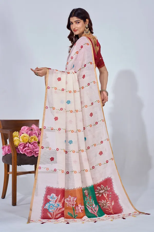 Multicolor_Linen_Digital_Print_Saree_With_Blouse_For_Women