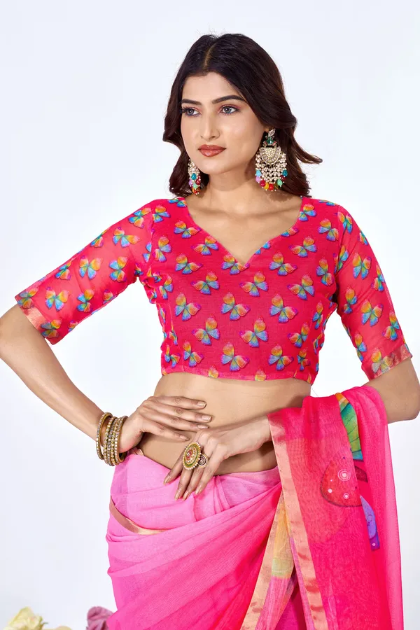 Pink_And_Red_Linen_Paisley_Print_Saree_With_Embroidered_Blouse_For_Women