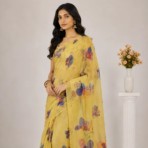 Yellow_Linen_Floral_Print_Saree_With_Matching_Blouse_For_Women