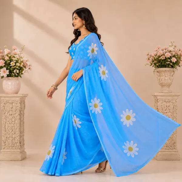 Blue_Linen_Floral_Linen_Saree_With_Printed_Blouse_For_Women